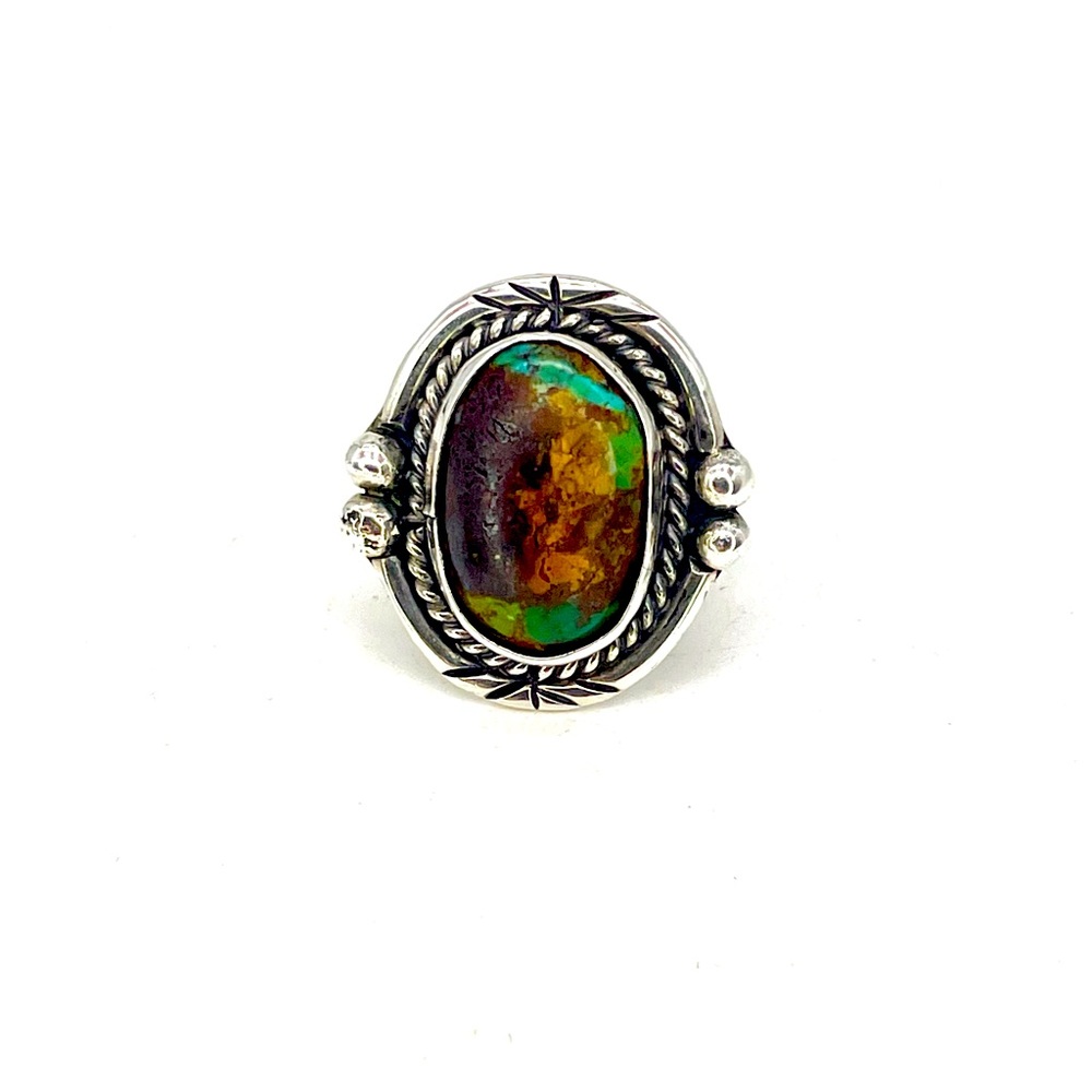 Navajo Green Turquoise Ring Size 7 Sterling Silver Vintage - Picture 3 of 6